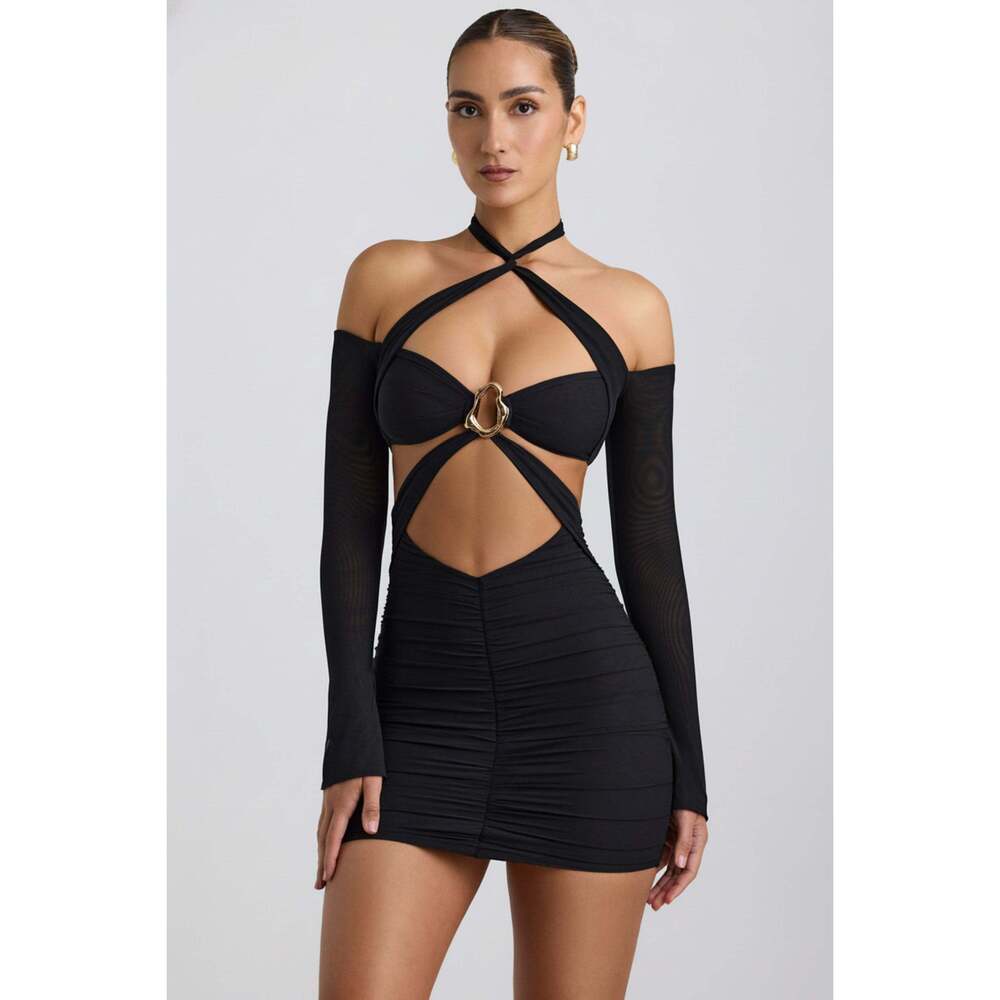 Oh Polly Off-Shoulder Ruched Cut-Out Mini Dress in Black new 8